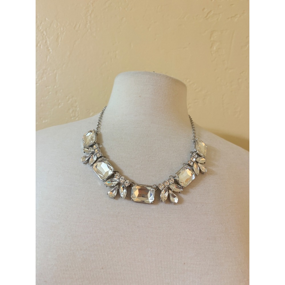 Silver Tone Clear‎ Crystal Statement Bib Necklace Emerald Cut Adjustable
